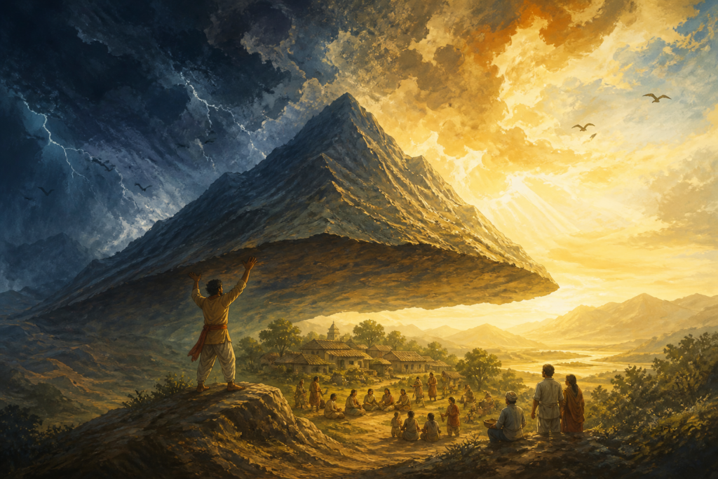 Ilustración de una montaña protegiendo a una comunidad bajo un cielo que pasa de tormenta a luz dorada
